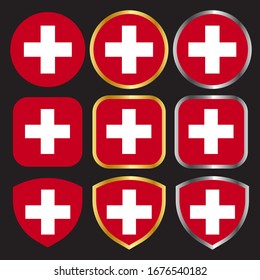 conjunto de iconos vectoriales de bandera de Suiza con borde dorado y plateado