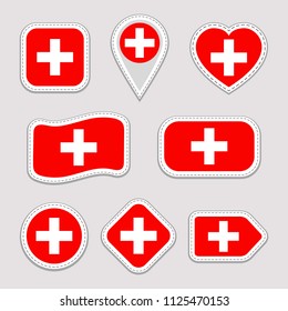 Switzerland flag vector set. Swiss national flags stickers collection. Vector isolated geometric icons. Web, sports pages, patriotic, travel, school, geographic design elements. Different shapes