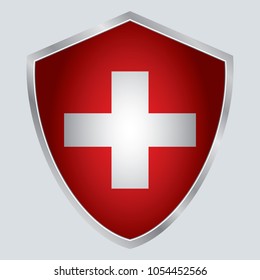 Switzerland Flag Vector Shield Icon. Europe. vector illustration. vector shadow. gray background. 3d. eps10.
