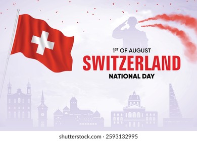 Switzerland Flag Waving On Skyline Background. National Day Concept Design Vector Illustration.