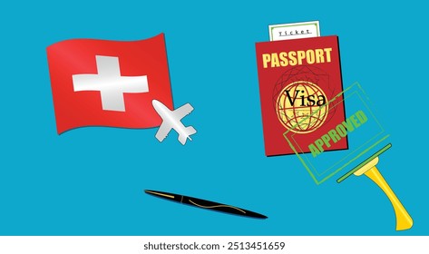 Switzerland flag with white plane icon. Passport with visa approved stamp. Black stylish Pen. Switzerland Travel poster. Editable vector EPS available