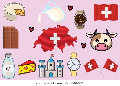 Schweiz Flaggen und alle Schweizer Elemente mit Kuhmilch, Schokolade und Käse Set für Schweizer Leute und Schweiz Nationalfeiertag