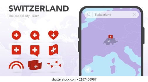 Switzerland flags set. Mobile map application, Smartphone search. Map and capital city. World ribbon flags. Vector set. Collection of national symbols. Bubble speech, circle, heart, rainbow icons.