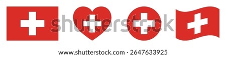 Switzerland flags set in square, heart, circle and waving formats designs element. Switzerland flags collection. Set of Switzerland flags icons isolated on white background. Vector illustration.