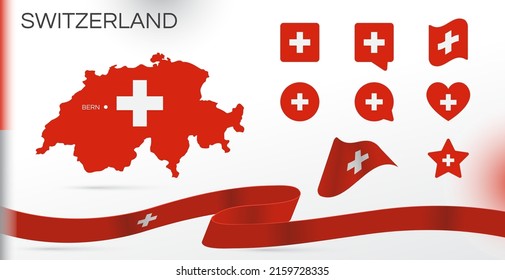Die Schweiz flags gesetzt. Verschiedene Designs. Karte und Hauptstadt. Weltflaggen. Vektorset. Circle Icon. Vorlage für den Unabhängigkeitstag. Sammlung nationaler Symbole. Band mit Farben der Flagge.