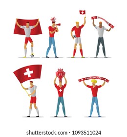 Switzerland football fans. Cheerful soccer supporters crowd. vector illustration.
