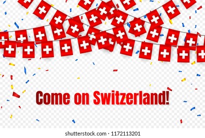 Switzerland garland flag with confetti on transparent background, Hang bunting for celebration template banner, Vector illustration.