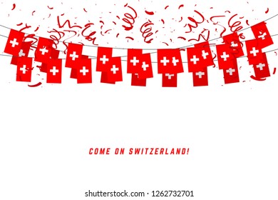 Switzerland garland flag with confetti on white background, Hang bunting for Switzerland celebration template banner.