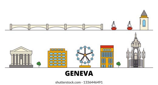 Switzerland, Geneva flat landmarks vector illustration. Switzerland, Geneva line city with famous travel sights, skyline, design. 