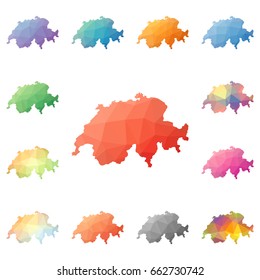 Switzerland geometric polygonal, mosaic style maps collection. Bright abstract tessellation, low poly style, modern design. Switzerland polygonal maps for your infographics or presentation.