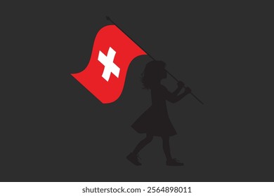 Switzerland girl with flag, Flag of Switzerland national country symbol illustration Vector, Rectangle Switzerland flag illustration, Flat vector illustration
