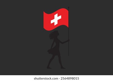 Switzerland girl with flag, Flag of Switzerland national country symbol illustration Vector, Rectangle Switzerland flag illustration, Flat vector illustration
