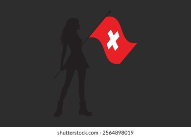 Switzerland girl with flag, Flag of Switzerland national country symbol illustration Vector, Rectangle Switzerland flag illustration, Flat vector illustration
