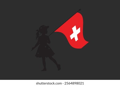 Switzerland girl with flag, Flag of Switzerland national country symbol illustration Vector, Rectangle Switzerland flag illustration, Flat vector illustration
