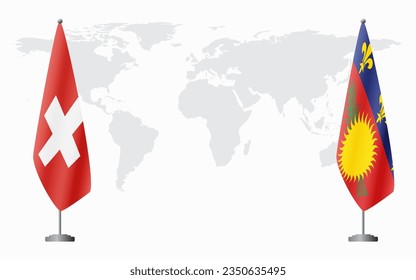 Switzerland and Guadeloupe flags for official meeting against background of world map.