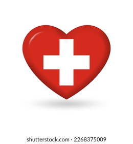 Switzerland heart flag 3d icon, badge or button. Swiss national symbol. Vector illustration.