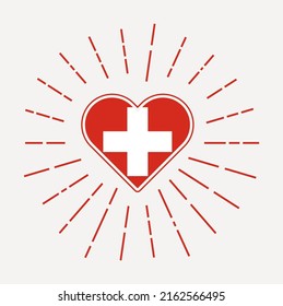 Switzerland heart with flag of the country. Sunburst around Switzerland heart sign. Vector illustration.