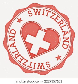 Schweiz Herzenlogo. Ländername Text um die Flagge der Schweiz in einer Form von Herz. Anziehende Vektorgrafik.