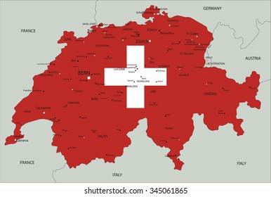 Switzerland highly detailed political map with national flag.