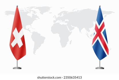 Switzerland and Iceland flags for official meeting against background of world map.