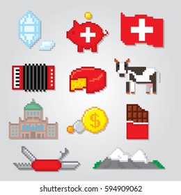Switzerland icons set. Pixel art. Old school computer graphic style. Games elements.