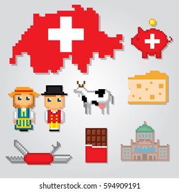Switzerland icons set. Pixel art. Old school computer graphic style. Games elements.