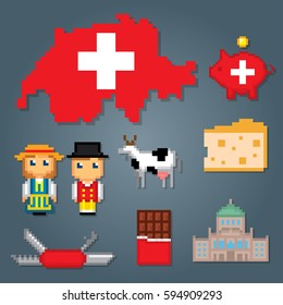Switzerland icons set. Pixel art. Old school computer graphic style. Games elements.