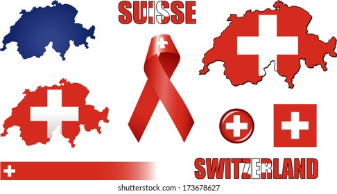 Switzerland Icons. Set of vector graphic images and symbols representing Switzerland. The text says 'Switzerland' in French.