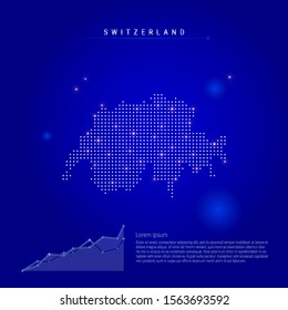Switzerland illuminated map with glowing dots. Infographics elements. Dark blue space background. Vector illustration. Growing chart, lorem ipsum text.
