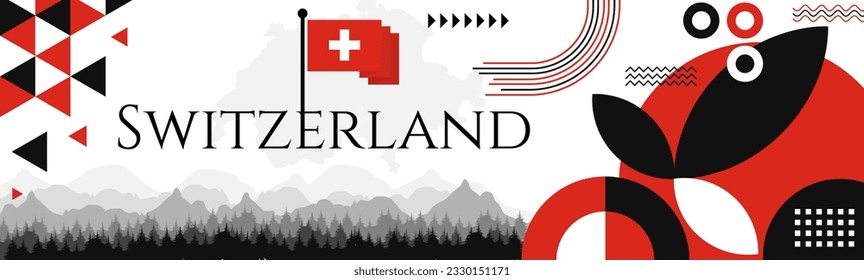 Switzerland Independence Day abstract banner design with flag and map. Flag color theme geometric pattern retro modern Illustration design. Red flag color template.