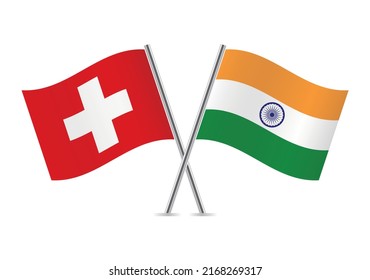 Suiza e India cruzaron banderas. Banderas suizas e indias de fondo blanco. Conjunto de iconos del vector. Ilustración vectorial. 