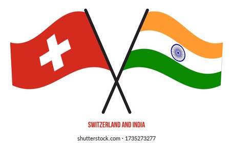 Switzerland and India Flags Crossed And Waving Flat Style. Official Proportion. Correct Colors.