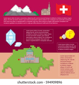 Switzerland infographics set. Pixel art. Old school computer graphic style. Games elements.