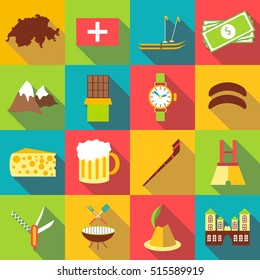 Switzerland itravel cons set. Flat illustration of 16 Switzerland travel vector icons for web