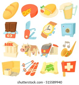 Switzerland itravel icons set. Cartoon illustration of 16 Switzerland travel vector icons for web