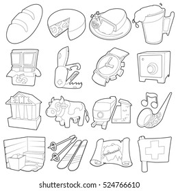 Switzerland itravel icons set. Outline cartoon illustration of 16 Switzerland travel vector icons for web