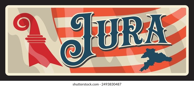 Switzerland Jura canton tin sign, travel plate. Switzerland region retro vector tin sign. European trip banner with canton flag and coat of arms symbol. Republic and Canton of Jura in northeast part