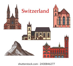 Switzerland landmarks, Basel churches and cathedrals, vector architecture buildings. Minster Cathedral and Matterhorn mountain Peak, Leonhardskirche church, Town Hall and Saint Alban Tower