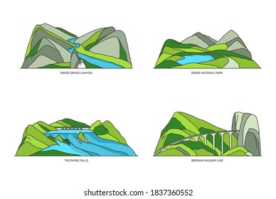 Switzerland landmarks or Swiss linear icon set