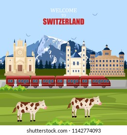 Switzerland landscape background Vector. Famous city architecture with mountains view and cows. National symbol red train passing over cartoon illustration