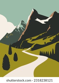 Switzerland landscape. Mountain landscape with road and forest. Vector illustration in flat style