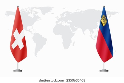 Switzerland and Liechtenstein flags for official meeting against background of world map.
