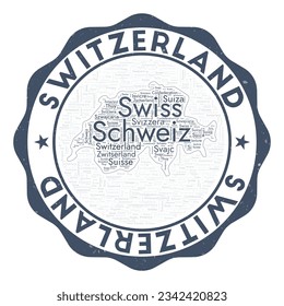 Logo der Schweiz. Tolle Länderabzeichen mit Wortwolke in Form der Schweiz. Rundemblem mit Ländernamen. Leistungsstarke Vektorgrafik.