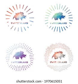Switzerland low poly sunburst set. Logo of country in geometric polygonal style. Vector illustration.