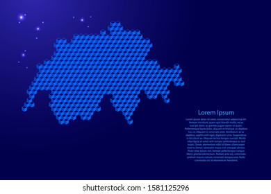 Switzerland map from 3D blue cubes isometric abstract concept, square pattern, angular geometric shape, glowing stars. Vector illustration.