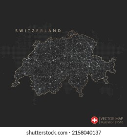 Switzerland map abstract geometric mesh polygonal light concept with black and white glowing contour lines countries and dots on dark background. Vector illustration.