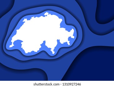 Switzerland map abstract schematic from blue layers paper cut 3D waves and shadows one over the other. Layout for banner, poster, greeting card. Vector illustration.