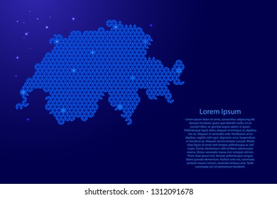 Switzerland map abstract schematic from blue triangles repeating pattern geometric background with nodes and space stars for banner, poster, greeting card. Vector illustration.