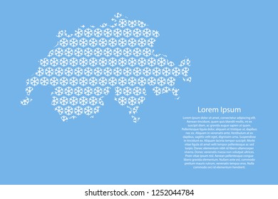  Switzerland map abstract schematic from white snowflakes pattern decoration Christmas and Happy New Year on light-blue background for banner, poster, greeting card. Vector illustration.