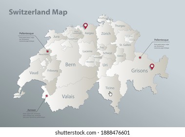 Switzerland map, administrative division with names, blue white card paper 3D vector